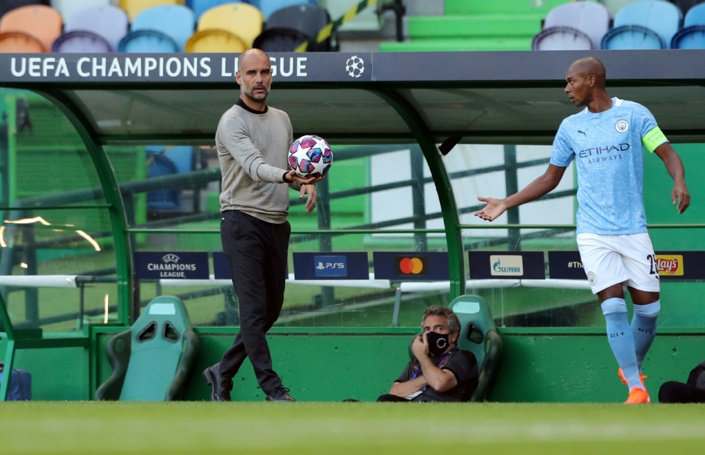 L'entraîneur de Manchester City Pep Guardiola lors du quart de finale de Ligue des Champions contre Lyon