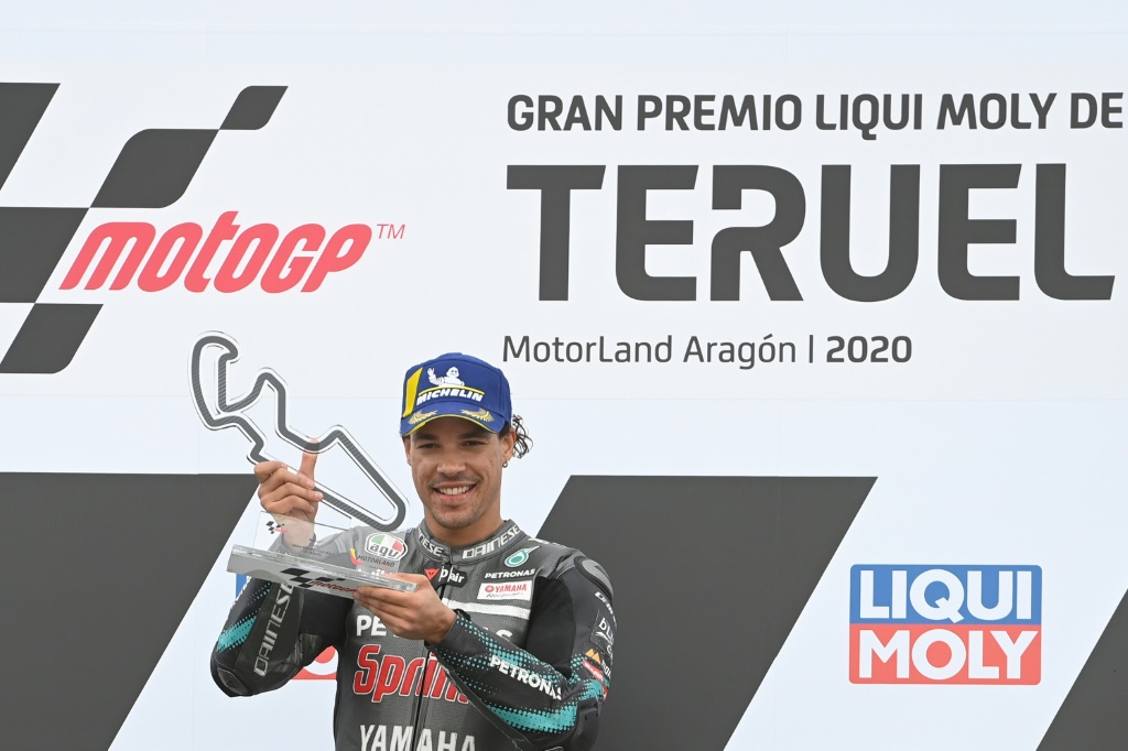 L'Italien Franco Morbidelli (Yamaha-SRT) après sa victoire lors du Grand Prix MotoGP de Teruel