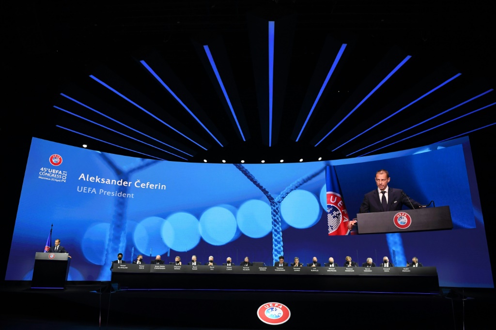 Le président de l'UEFA Aleksander Ceferin s'exprimant devant le congrès de l'instance dédié à la Super Ligue