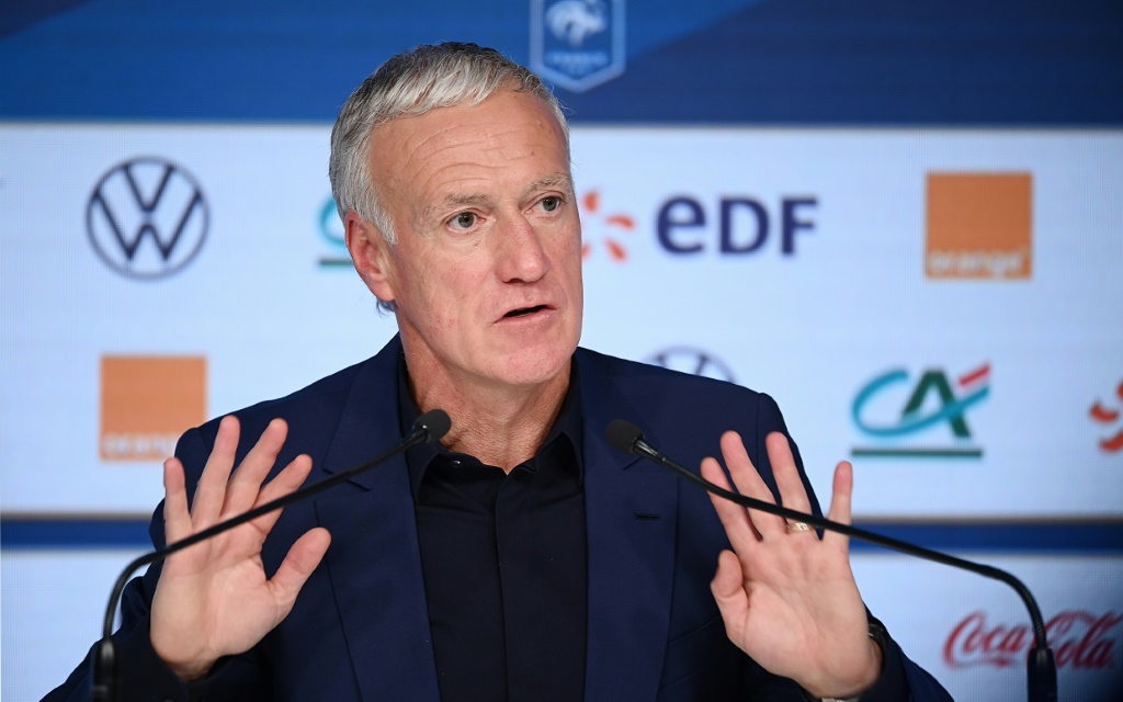 Didier Deschamps devant la presse lors de l'annonce des joueurs retenus contre la Côte d'Ivoire et l'Afrique du Sud, le 17 mars 2022 à Paris