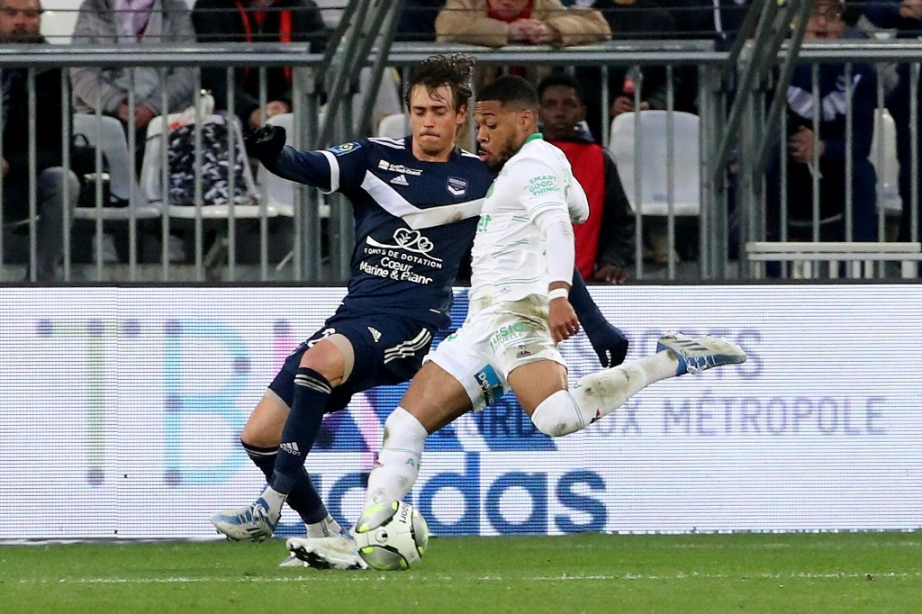 L'attaquant stéphanois Arnaud Nordin égalise (2-2) face à Bordeaux, lors de la 33e journée de Ligue 1, le 20 avril 2022 au Matmut Atlantique Stadium