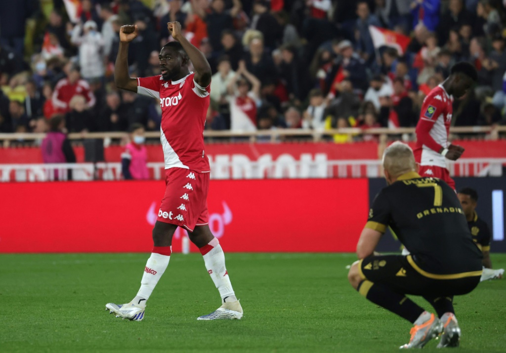 La joie du défenseur monégasque Youssouf Fofana, après la victoire à domicile, 1-0 face à Nice, lors de la 33e journée de la Ligue 1, le 20 avril 2022 au Stade Louis II