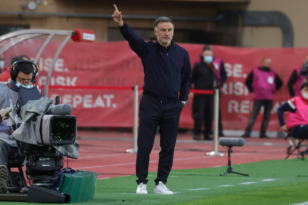 L'entraîneur de Nice Christophe Galtier, lors de la défaite, 1-0 face à Monaco, lors de la 33e journée de Ligue 1, le 20 avril 2022 au Stade Louis II