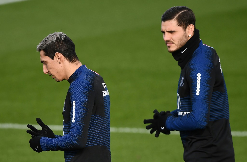 Les attaquants argentins du PSG Angel Di Maria et Mauro Icardi, le 3 mars 2020 au Camp des Loges à Saint-Germain-en-Laye