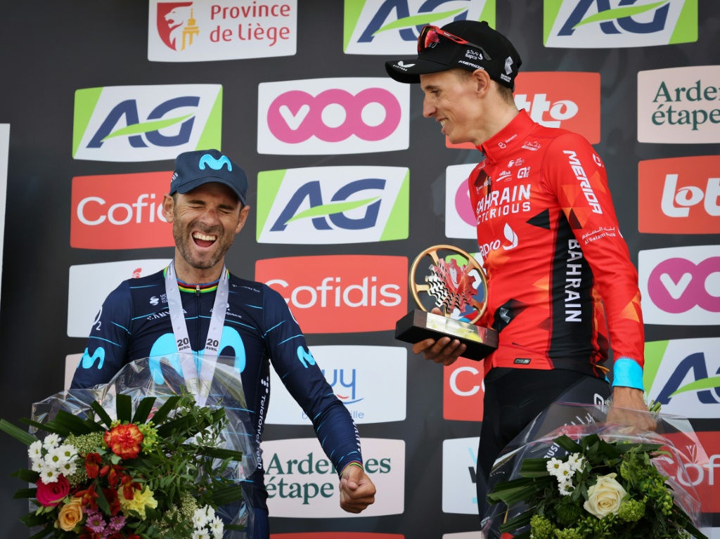 A cinq jours de son 42e anniversaire, l'Espagnol Alejandro Valverde a terminé 2e de la Flèche wallonne, derrière le Belge Dylan Teuns, le 20 avril 2022 au sommet du Mur de Huy