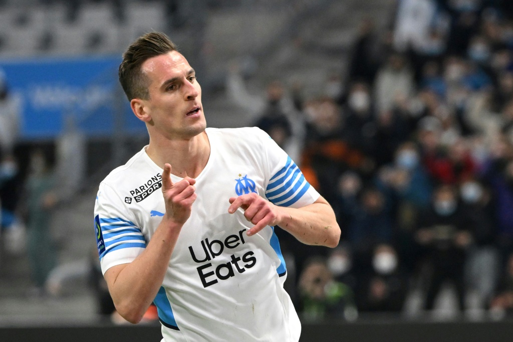 La joie de l'attaquant polonais de Marseille Arkadiusz Milik, buteur contre Angers, lors de leur match de Ligue 1, le 4 février 2022 au Stade Vélodrome