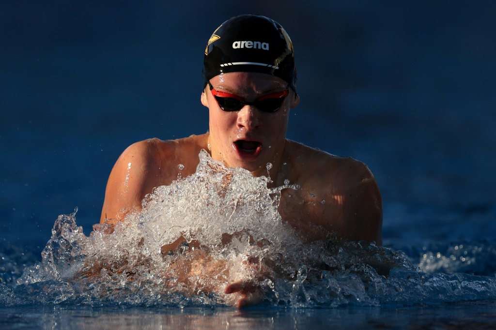 Le Français Léon Marchand, lors de la finale du 200 m 4 nages, lors des Pro Swim Series, le 2 avril 2022 à San Antonio (Texas)