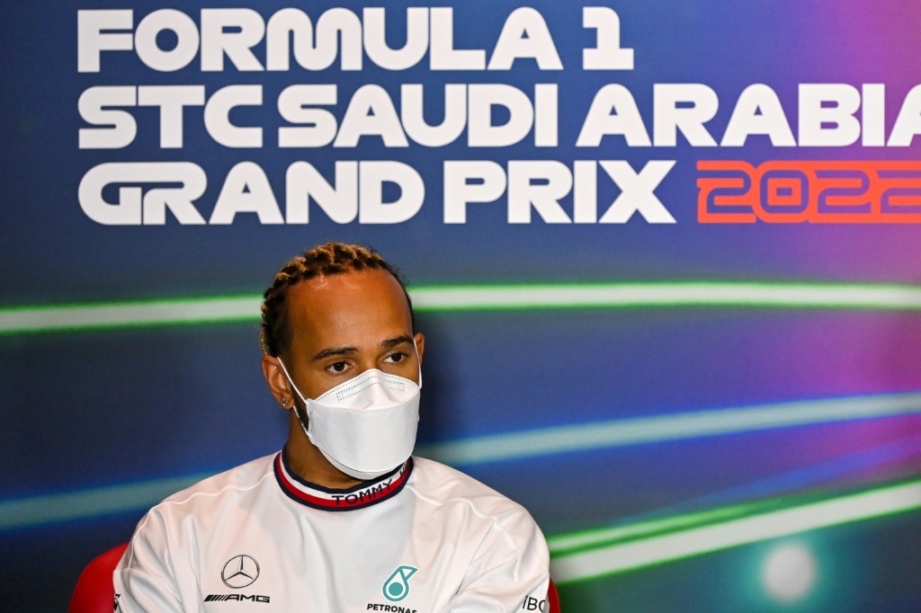 Le Britannique Lewis Hamilton, lors d'une conférence de presse, le 25 mars 2022 sur le Circuit Jeddah Corniche, à deux jours du Grand Prix de Formule 1 d'Arabie Saoudite