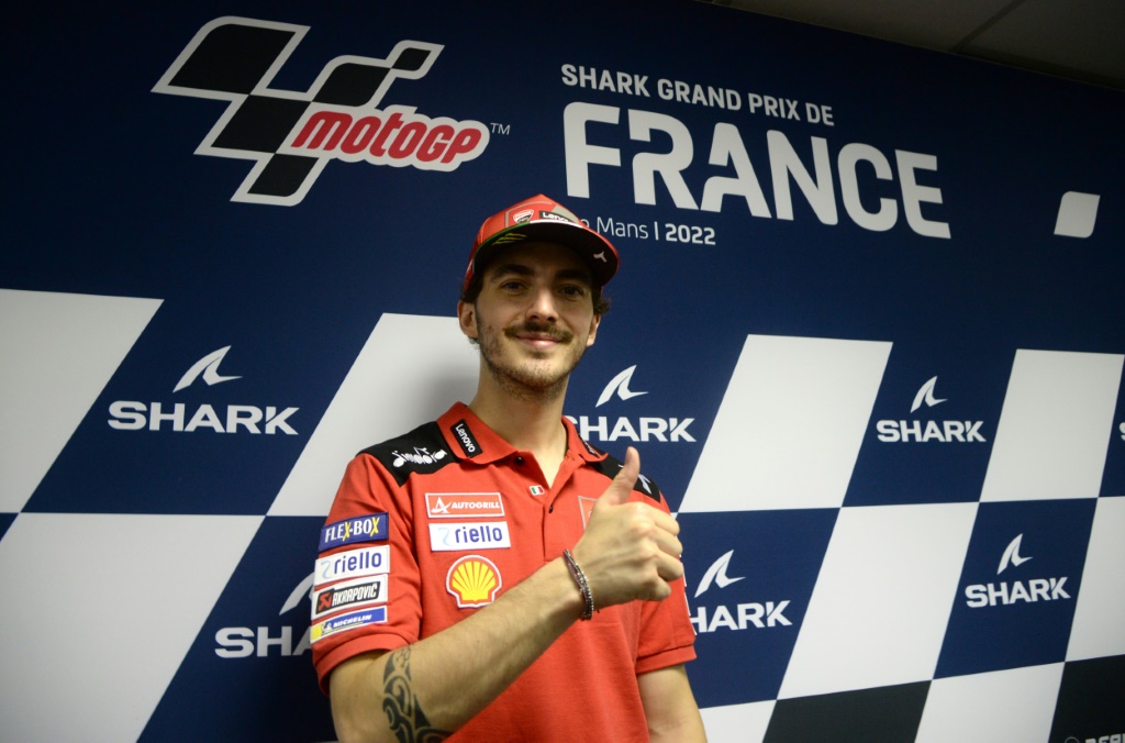 Le pilote Ducati Francesco Bagnaia impérial lors des essais du GP de France au Mans, le 14 mai 2022
