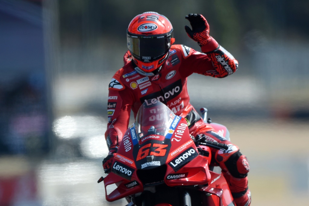 Le pilote Ducati Francesco Bagnaia en pole du GP de France sur le circuit manceau de Bugatti, le 14 mai 2022