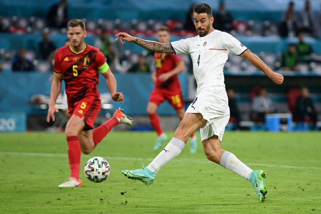 Leonardo Spinazzola avant sa blessure lors du quart de finale de l'Euro contre la Belgique le 2 juillet 2021 à Munich