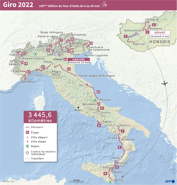 Tracé du Tour d'Italie cycliste 2022, du 6 au 29 mai 2022