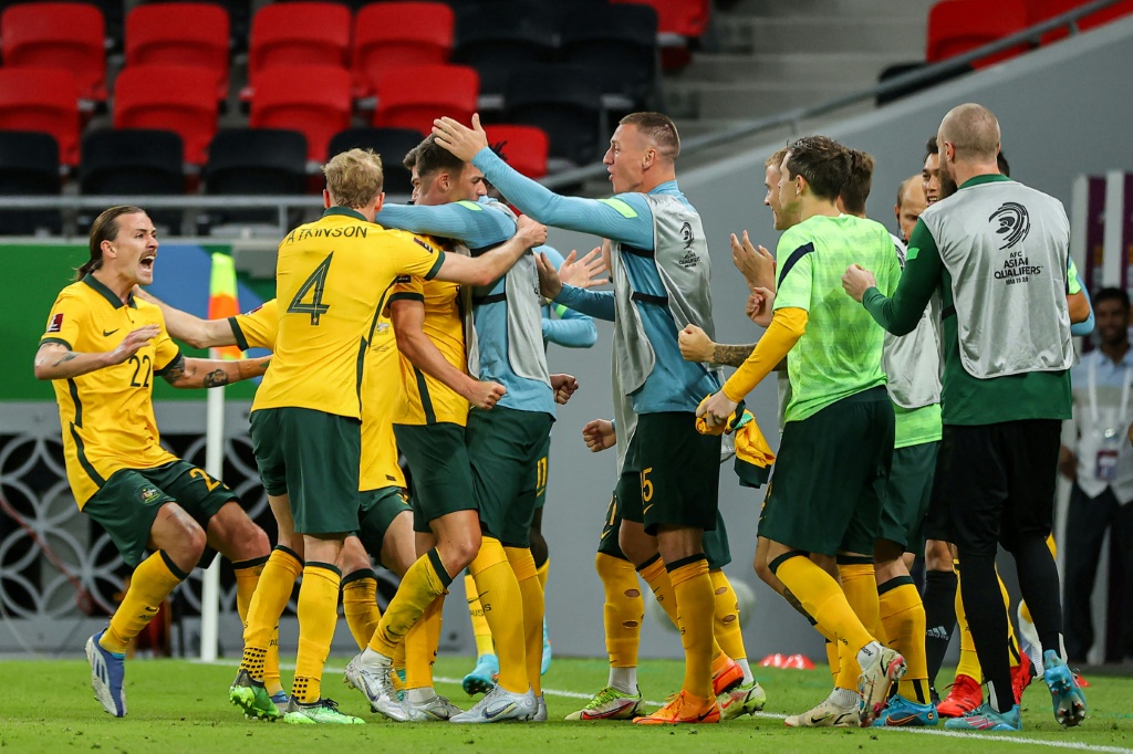 La joie des Australiens après le but de la victoire d'Ajdin Hrustic face aux Emirats arabes unis