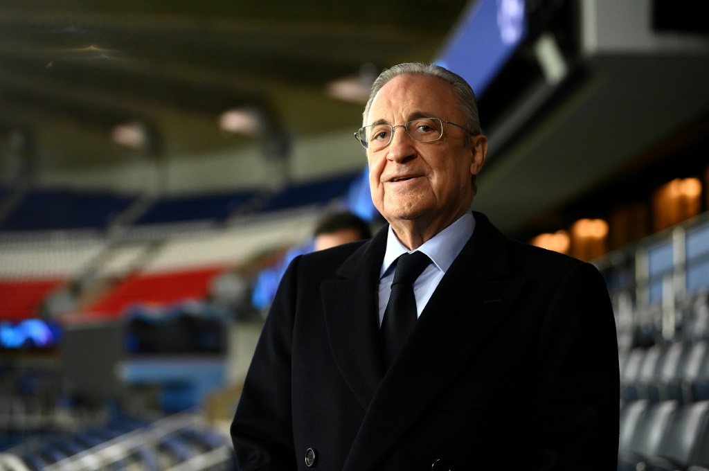 Le président du Real Madrid Florentino Perez, le 14 février 2022 au Parc des Princes à Paris, à la veille du quart de finale aller de la Ligue des Champions contre le Paris Saint-Germain