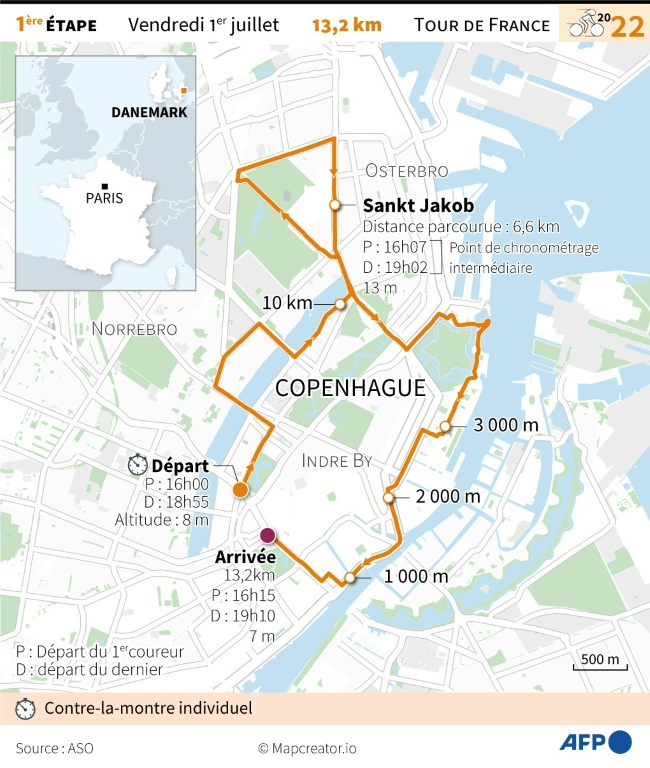 Carte du parcours de la 1ère étape du Tour de France 2022, un contre-la-montre individuel à Copenhague, le 1er juillet