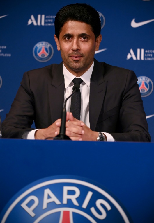 Le président du Paris Saint-Germain Nasser Al-Khelaïfi en conférence de presse au Parc des Princes le 23 mai 2022