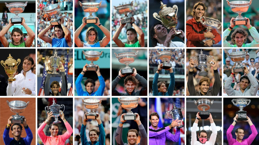 Photomontage des 21 titres du Grand Chelem gagnés par l'Espagnol Rafael Nadal entre sa victoire à Roland Garros à Paris le 5 juin 2005 (en haut à gauche) et celle à l'Open d'Australie le 30 janvier 2022 à Melbourne (en bas à droite)