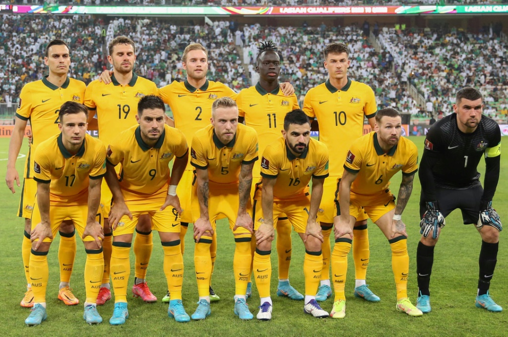 Le onze de l'Australie aligné contre l'Arabie saoudite, lors des éliminatoires asiatiques du Mondial à Jeddah, le 29 mars 2022