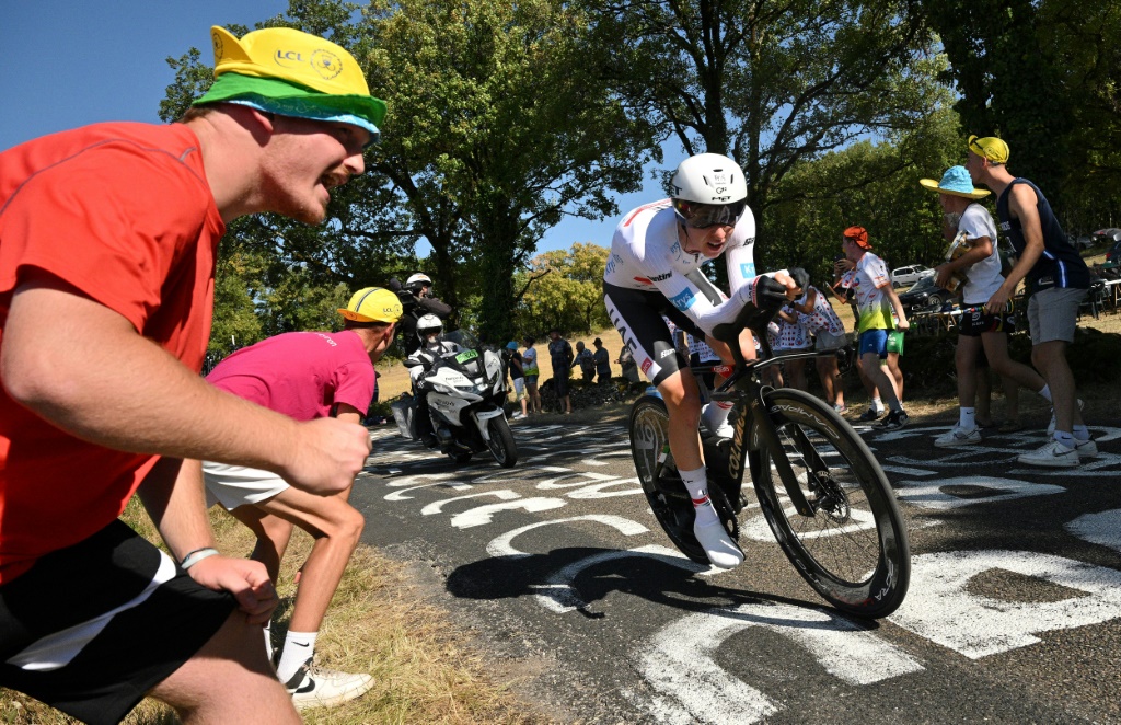 Le Slovène Tadej Pogacar, lors du contre-la-montre de la 20e étape du Tour de France, entre Lacapelle-Marival et Rocamadour, le 23 juillet 2022