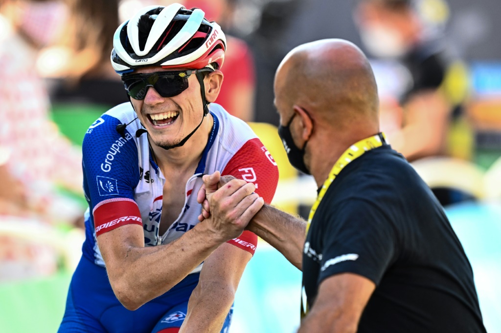 Le coureur français de la Groupama-FDJ David Gaudu, 4e du classement général, à l'arrivée de la 18e étape du Tour de France jeudi à Hautacam.