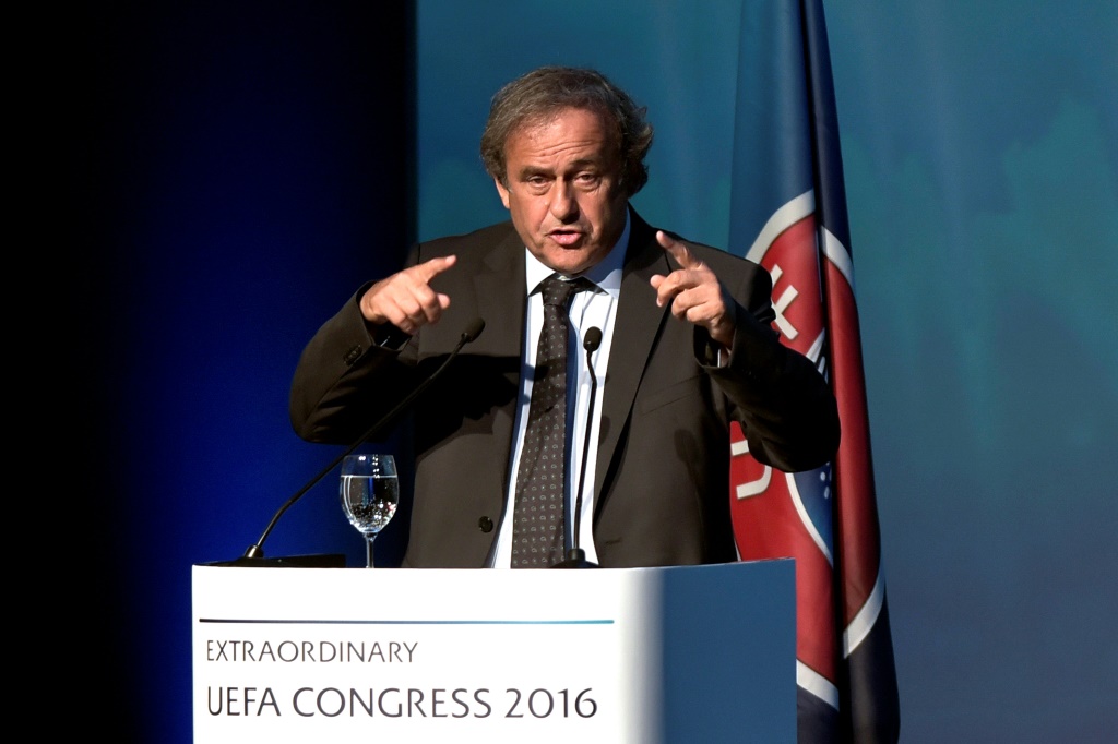 L'ancien président de l'UEFA Michel Platini lors d'une conférence pour le 12e Congrès extraordinaire de l'UEFA, le 14 septembre 2018 à Lagonissi en Grèce