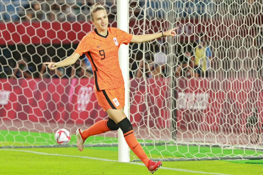 L'attaquante néerlandaise Vivianne Miedema après avoir marqué un but lors du match entre les Pays-Bas et le Brésil au stade de Miyagi au Japon, lors des JO 2020 le 24 juillet 2021