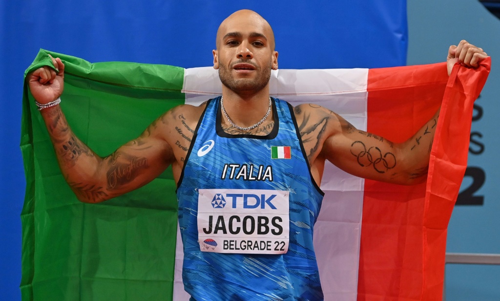 L'Italien Marcell Jacobs, champion du monde du 60 m en salle, le 19 mars 2022 à Belgrade