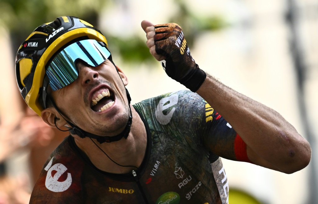 La joie du Français Christophe Laporte, vainqueur de la 19e étape du Tour de France entre Castelnau-Magnoac et Cahors, le 22 juillet 2022