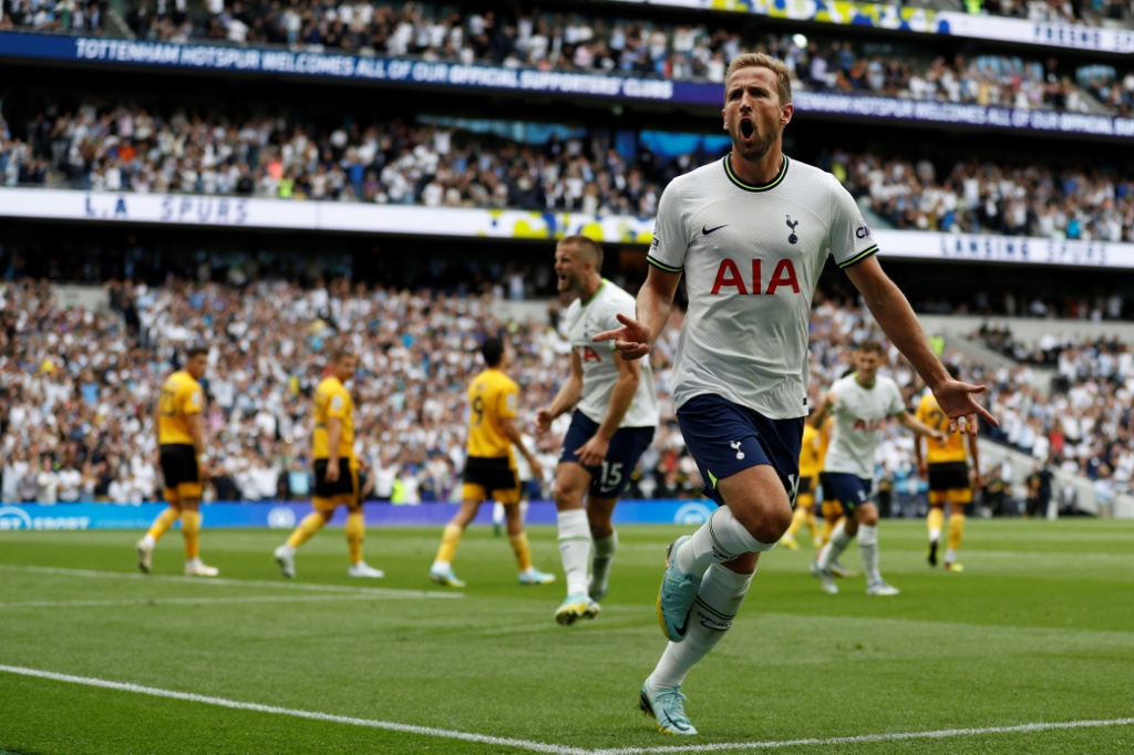 L'attaquant de Tottenham Harry Kane célèbre son but lors du match de Premier League face à Wolverhampton