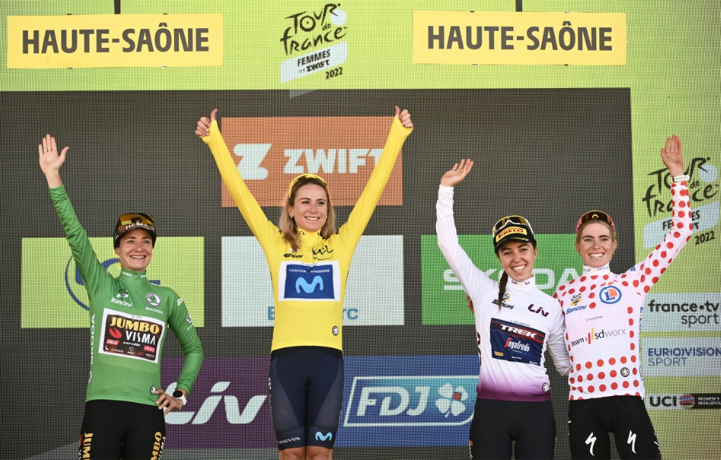 Les porteuses de maillots distinctifs du Tour de France (de g. à dr.) Marianne Vos (vert),    Annemiek Van Vleuten (jaune), Shirin Van Anrooij (blanc) et Demi Vollering (à pois rouges) à La Super Planche des Belles, le 31 juillet 2022