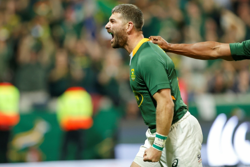La joie du Sud-Africain Willie Le Roux, après avoir marqué un dernier essai face à la Nouvelle-Zélande, en ouverture du Rugby Championship, le 6 août 2022 à Mbombela