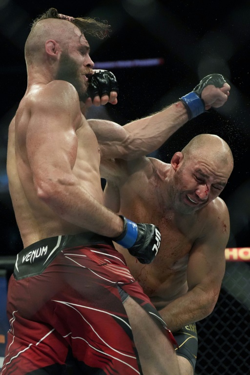 Le Tchèque Jiri Prochazka (d), lors de sa victoire en championnat du monde UFC face au Brésilien Glover Teixeira, le 12 juin 2022 à Singapour
