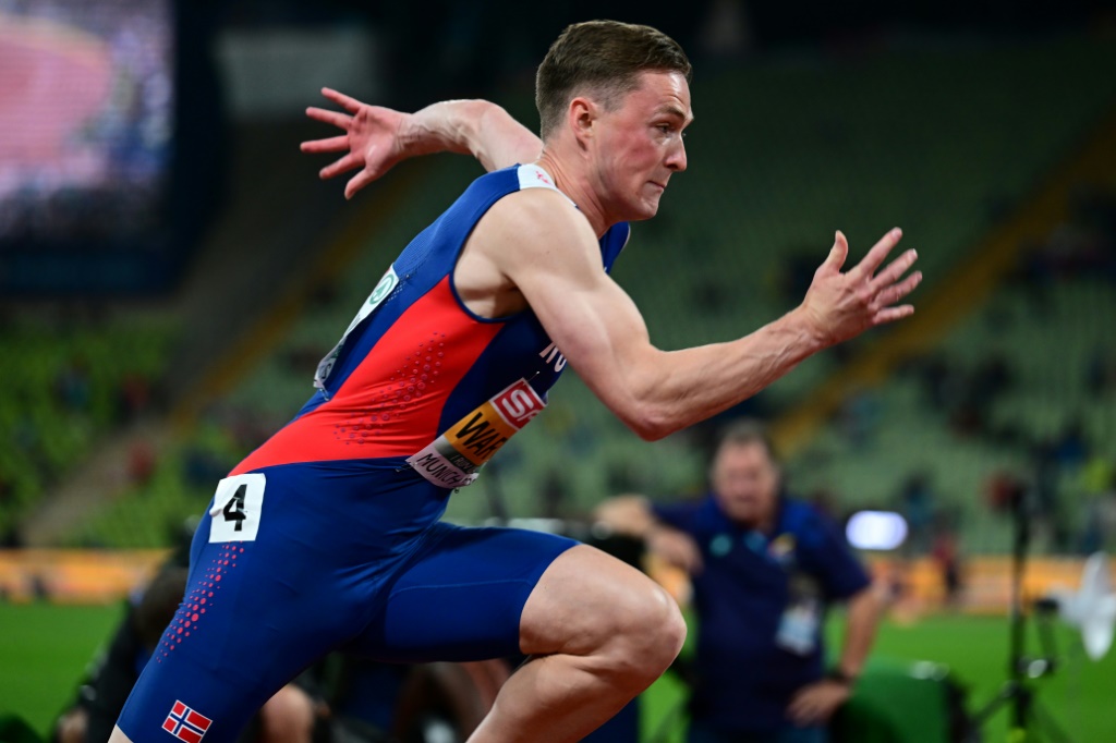 Le champion d'Europe du 400 m haies, le Norvégien Karsten Warholm, vendredi soir au stade olympique de Munich.