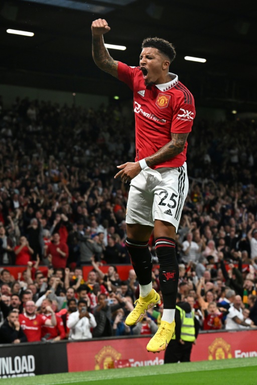 L'attaquant anglais de Manchester United Jadon Sancho après avoir inscrit le premier but contre Liverpool, le 22 août 2022 lors d'un match de la 3e journée de Premier League.