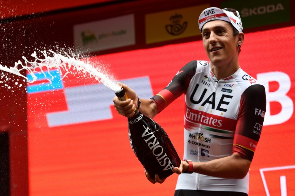 Team UAE Emirates' Spanish rider Marc Soler celebrates on the podium after crossing the finish line in first place during the 5th stage of the 2022 La Vuelta cycling tour of Spain, a 187.2 km race from Irun to Bilbao, on August 24, 2022.