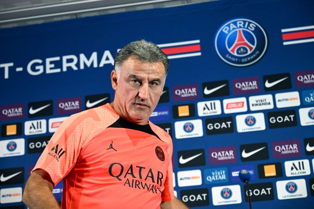 L'entraîneur du Paris SG Christophe Galtier lors d'une conférence de presse à Saint-Germain
