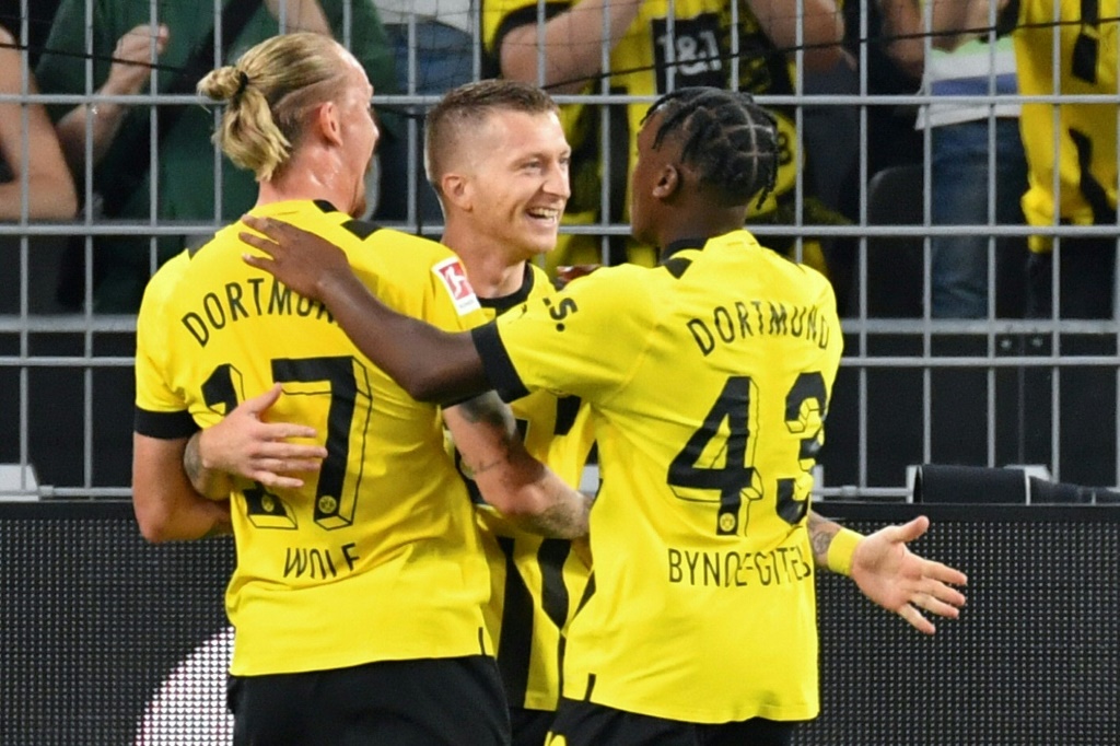 L'attaquant de Dortmund Marco Reus (c) vient de marquer l'unique but du match contre Hoffenheim