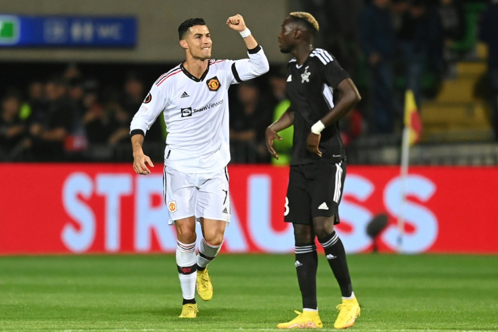 Cristiano Ronaldo après son penalty réussi pour Manchester United face au Sheriff Tiraspol en Ligue Europa, le 15 septembre 2022 à Chisinau