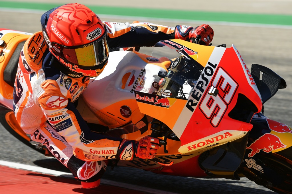 Le pilote espagnol Honda Marc Marquez de retour à la compétition après trois mois d'absence, lors des essais de qualifications du Grand Prix d'Aragon en Espagne, le 17 septembre 2022