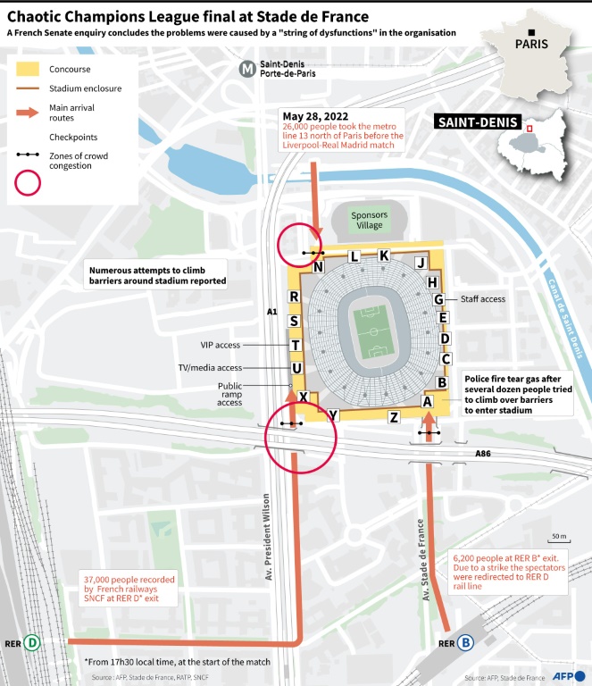 Map showing the area around the Stade de France stadium in Paris, site of chaotic scenes at the Champions League final on May 28.