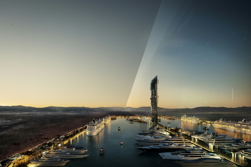 Image distribuée le 26 juillet 2022 par les concepteurs de Neom montrant une partie de ce projet futuriste qui doit voir le jour d'ici 2026 sur les rives de la mer Rouge