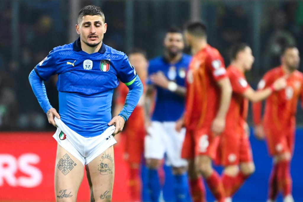 Le milieu international Marco Verratti après l'élimination de l'Italie en barrage du Mondial-2022 contre la Macédoine du Nord