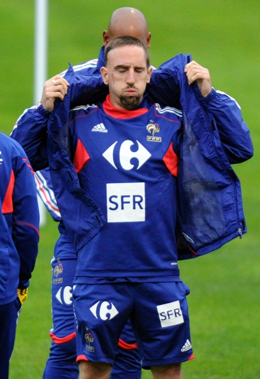 Franck Ribery le 14 juin 2010 lors d'un entraînement avec l'équipe de France à Knysna lors de la Coupe du monde en Afrique du Sud. De ce cauchemar date son désamour avec le public hexagonal