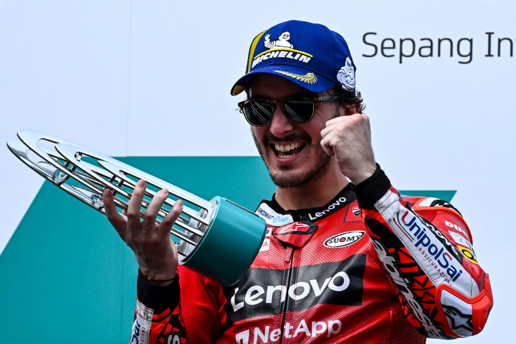 Le pilote italien Francesco Bagnaia vainqueur du Grand Prix moto de Malaisie, le 23 octobre 2022 à Sepang