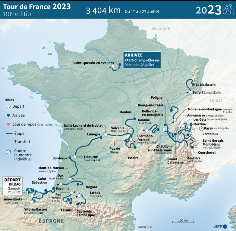 Carte détaillant le parcours et les 21 étapes du Tour de France 2023