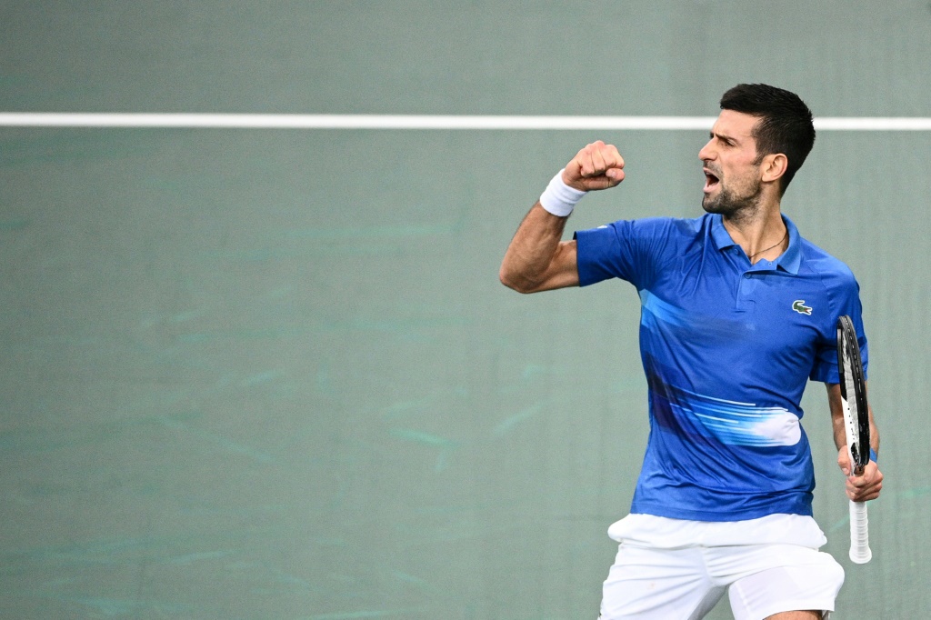 Le Serbe Novak Djokovic après sa victoire face au Grec Stefanos Tsitsipas lors de leur demi-finale au Masters 1000 de Paris le 5 novembre 2022 à Bercy