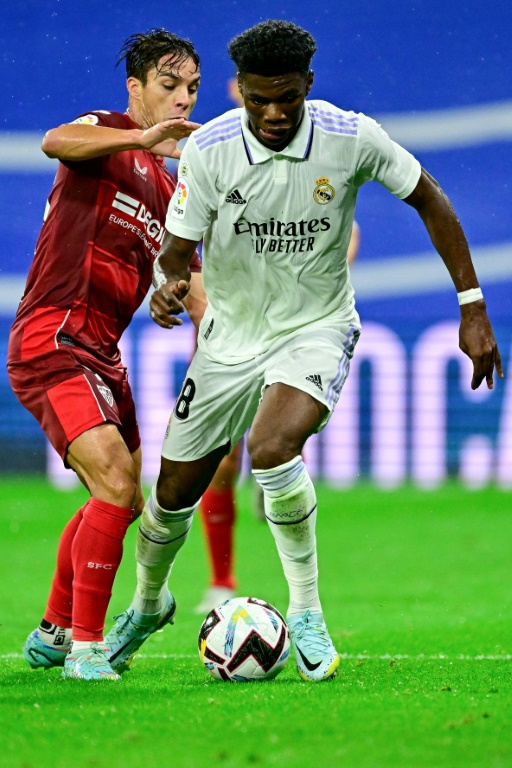 L'international français du Réal Madrid Aurélien Tchouaméni lors d'un match du championnat d'Espagne contre le Séville FC, le 22 octobre 2022 au stade Santiago Bernabeu