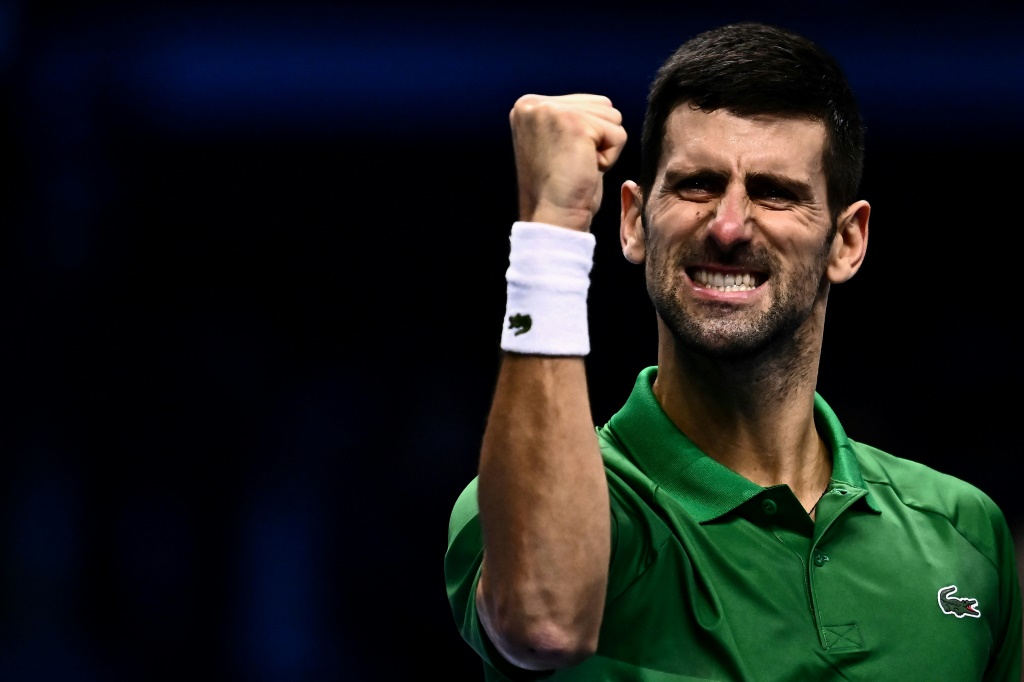 Le Serbe Novak Djokovic après sa victoire face au Grec Stefanos Tsitsipas lors des Masters le 14 novembre 2022 à Turin