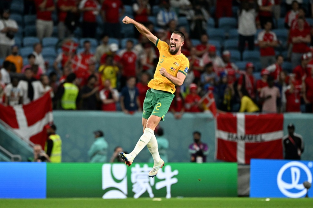 Le défenseur de l'Australie Milos Degenek célèbre la qualification de son équipe pour les huitièmes de finale de la Coup du monde