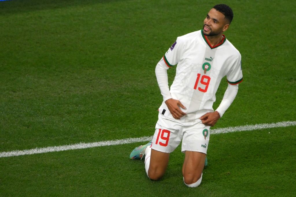 L'attaquant du Maroc Youssef En-Nesyri célébrant son but contre le Canada au Mondial